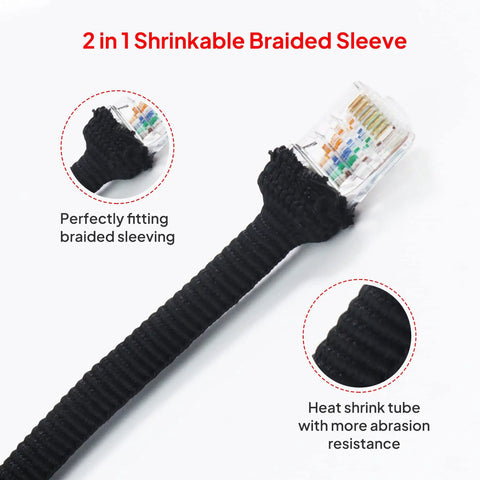 2 In 1 Heat Shrink Braided Sleeving Fabric Tubing for RJ45 cable, showing abrasion resistance and snug fit on connector.