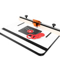 Heavy Duty Router Table Builds Killer Stability With Deluxe Fence Kit Precision Router Plate Five Inserts And Massive 24X32 Inch Laminated Platform For No Sweat Woodworking Projects, featuring red inserts.
