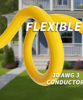 Flexible yellow Beefy 50 Foot 10 Gauge Outdoor Extension Cord with 10 AWG 3 conductor, outdoor setting background.
