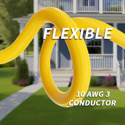 Flexible yellow Beefy 50 Foot 10 Gauge Outdoor Extension Cord with 10 AWG 3 conductor, outdoor setting background.
