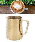 Gold 350Ml Stainless Steel Milk Frothing Cup With Clear Scale for home or office use, barista-grade pitcher with latte art.