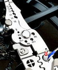 Close-up of 8 In 1 Wire Stripper Crimper Cutter Pliers for Electricians Pro Grade Heavy Duty Tool with screw size guide.