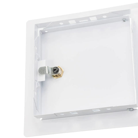 Top Shelf 6X6 Inch White Metal Lockable Wall Access Panel showing smooth swing door, metal key slot for easy access.