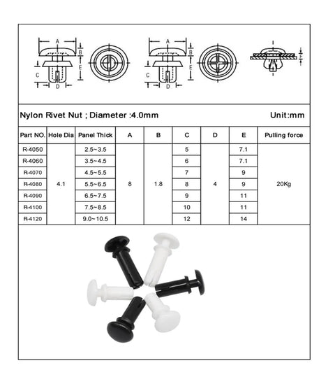 Black Nylon Pcb Snap Rivets Rock Solid Expansion Screw Caps No Sweat Tool Free Locking Fasteners Heat Resistant Plastic Clips Snug Fit Quick Build Pack Of One Hundred with size chart and dimensions shown.