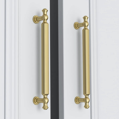 Gold Brushed Finish Cabinet Pulls Set Of 10 3 Inch Drawer Handles In Zinc Alloy Durable Dresser Hardware installed on white cabinet