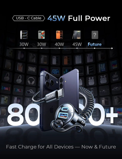 90W USB C Car Charger With 45W Coiled Cable For IPhone 17 16 15 Pro Max And IPhone 17E 16 15 Pro Max Plus Air Galaxy S26 Ultra And Android