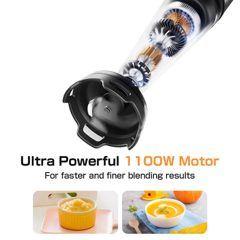 Close-up of Killer 1100W Immersion Handheld Blender motor emphasizing power with images of blended soups and desserts below.