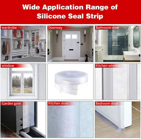 Self Adhesive Silicone Door Seal Strip, 26 Feet Long Weather Stripping For Doors And Windows, 25mm Gap Filler shown in various applications