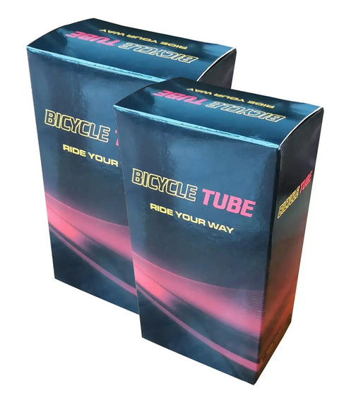 Boxes of 20 Inch Bicycle Inner Tube Pack of 2 Compatible With 20 X 2.10 to 2.40 Tires, shown in blue packaging.