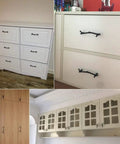 Twig Branch Cabinet Knobs 4 Pack Vintage Rustic Drawer Pulls installed on white and wooden cabinets in farmhouse kitchens