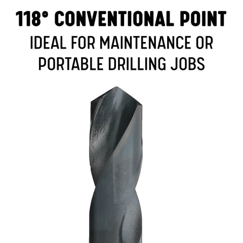 Close-up of 1-15/16 Inch High Speed Steel Reduced Shank Drill Bit With 3/4 Inch Shank DWDRSD Series Black Oxide Finish showing 118° tip