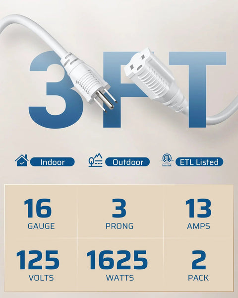 Two Pack Three Foot Extension Cord Set With 16 AWG SJTW Weatherproof Power Cable showing white cords with specifications.