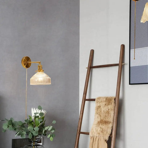 Wall Sconce Lights Indoor Bedroom Hallway Vintage Glass with Pull Chain,Industrial Adjustable Fixture,Brass Lamp for Living Room,E27 Base in gold with textured shade.