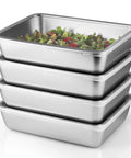 Stacked 4 Pack Stainless Steel Food Containers With Clear Lids 68oz Each; 9.6x7.3x2.2 Inch