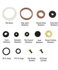 Home Washer Repair Kit With 42-Piece Rubber Washer Set laid out showing various washer types and sizes with brass screws.