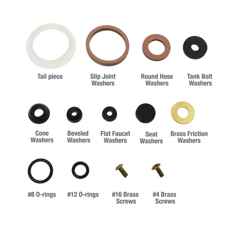 Home Washer Repair Kit With 42-Piece Rubber Washer Set laid out showing various washer types and sizes with brass screws.