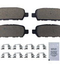 Rear Ceramic Brake Pads Kit For Infiniti Vehicles showing 4 pads, clips, and grease pack, fits EX35 EX37 FX35 FX45 2003-2015.