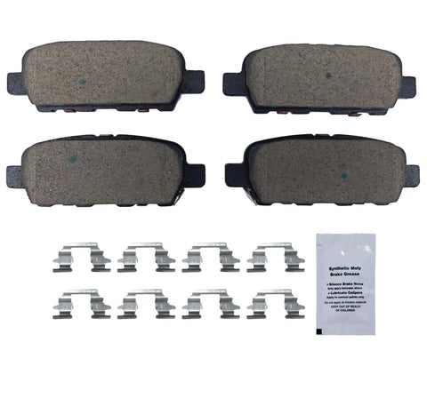 Rear Ceramic Brake Pads Kit For Infiniti Vehicles showing 4 pads, clips, and grease pack, fits EX35 EX37 FX35 FX45 2003-2015.