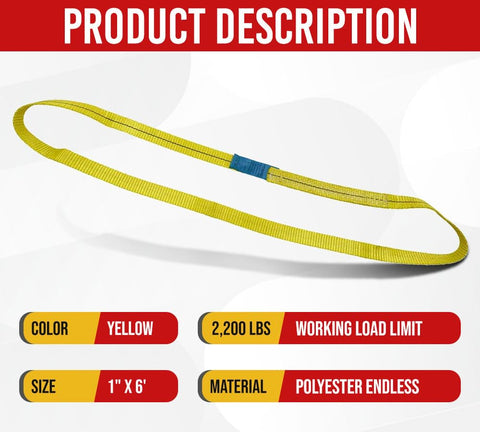 10 Pack 1 Inch By 6 Foot Yellow Polyester Endless Round Sling For Lifting And Towing Recovery, 2200 Lb Vertical Capacity