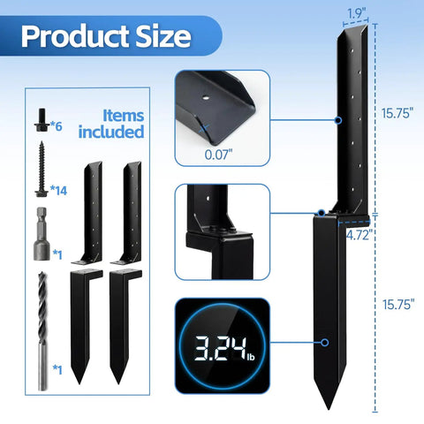 Heavy Duty Fence Post Repair Kit For Tilted Or Broken Wood Posts, product size and components displayed