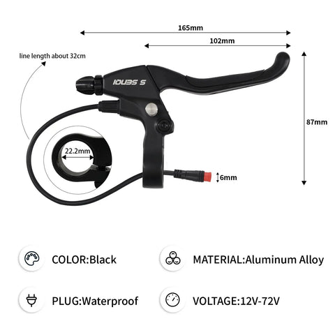 Ergonomic E Bike Brake Lever With Locking Button Waterproof Design For Electric Bicycle E Scooter And Tricycle Safety Control Durable 2 Pin Wire 1 Pair Easy Install And Ride Ready In Any Weather Conditions with black aluminum alloy and measurements displayed.