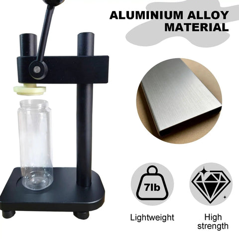 Black Manual Height Adjustable Can Sealer Machine With Ten Standard Aluminum Cans And Heavy Duty Sealing Cups showing lightweight aluminum alloy construction.