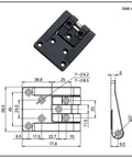 Zinc Alloy Black External T Shaped Corner Rotary Distribution Box Cabinet Door Hinge 1 Piece with dimensions illustration