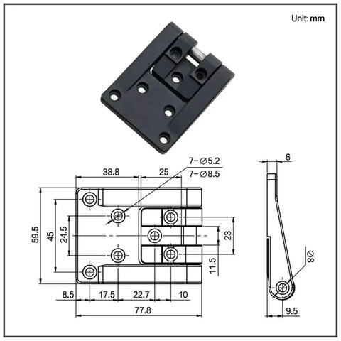 Zinc Alloy Black External T Shaped Corner Rotary Distribution Box Cabinet Door Hinge 1 Piece with dimensions illustration