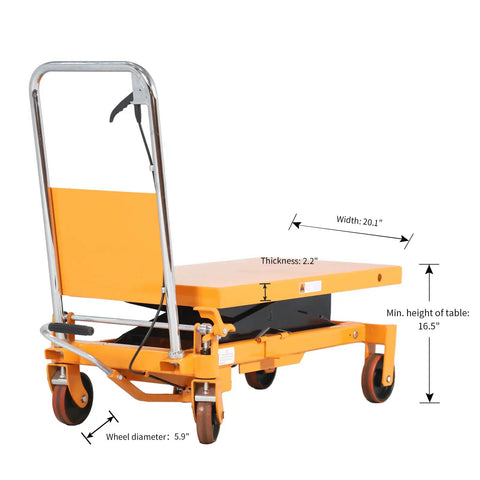 Heavy Duty Hydraulic Lift Table Cart Handles Crushing 1760 Lb Loads For Engine Swaps And Gear Hauling Built Solid As Iron On Wheels, showing dimensions.