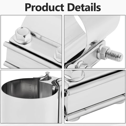 Close-up views of 2.5 Inch Exhaust Clamp Set, Polished T304 Stainless Steel, Universal OD To OD Fit, highlighting bolts and sleeves.