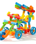 Colorful push toy car made from No Fuss Learning 156 Piece Pipe Building Blocks Set, Stem Interlocking Tubes, Connectors.
