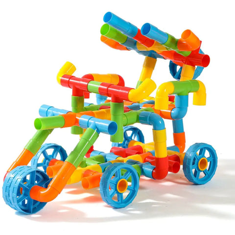 Colorful push toy car made from No Fuss Learning 156 Piece Pipe Building Blocks Set, Stem Interlocking Tubes, Connectors.