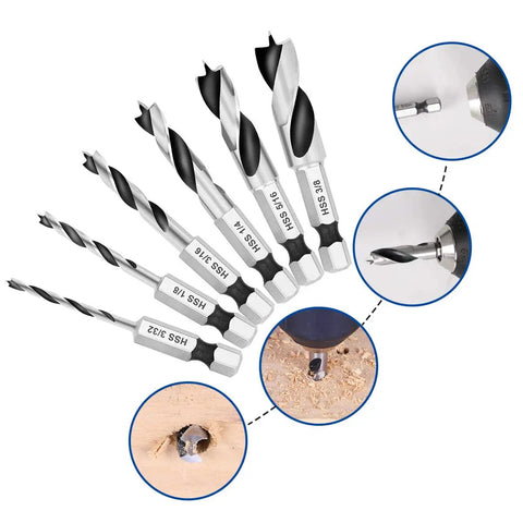 Heavy Duty Brad Point Stubby Drill Bit Set For Woodworking With 6 Pack Hss 4241 Steel Quick Change Hex Shank Boring Tools showing various sizes.