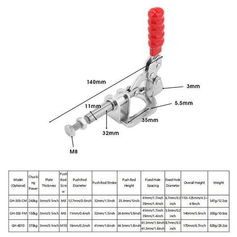 Toggle Clamp With Quick Release For Woodworking Jigs And Fixtures, 330.69 Lbs Holding Capacity, model GH 302 FM with dimensions chart