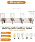 Dimensions of Four Light Brushed Nickel Bathroom Vanity Light Fixture, includes bulb compatibility and specifications.