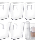 Set of six clear acrylic bins with adhesive mounts, displayed empty and with toiletries, Six Pack Wall Mount Organizer Set Acrylic File Holder Adhesive Cabinet Door Organizer Space Saving Storage Box For Office Kitchen Bathroom Bedroom Garage Craft Room Small Approx 4.7 By 3.9 By 1.8 Inches