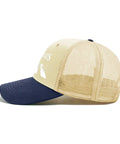 Cool Bugs Baseball Hat For Men And Women Trucker Cap with Ventilated Top Air Holes, side view, beige mesh and navy bill