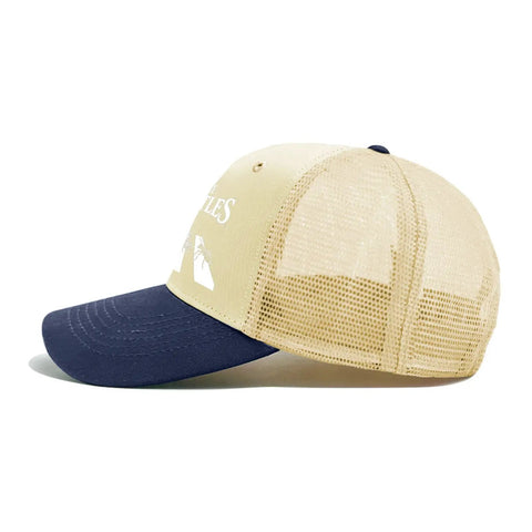 Cool Bugs Baseball Hat For Men And Women Trucker Cap with Ventilated Top Air Holes, side view, beige mesh and navy bill