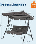 Dimensions of Three Person Outdoor Porch Swing Chair With Adjustable Canopy Breathable Fabric Seat And Backrest Armrests Heavy Duty Frame