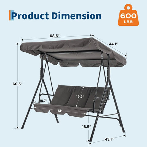 Dimensions of Three Person Outdoor Porch Swing Chair With Adjustable Canopy Breathable Fabric Seat And Backrest Armrests Heavy Duty Frame