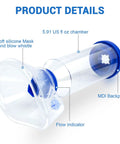 Kid And Adult Friendly Inhaler Spacer Kit With Two Masks For Easy Aerosol Delivery From Metered Dose Inhalers shown with parts labeled