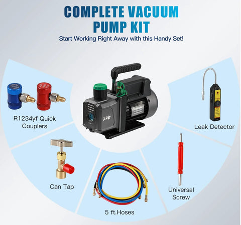 PB Motor TECH vacuum pump kit with 4.5 CFM, 1/3 HP, R1234yf gauge set, hoses, can tap, and leak detector