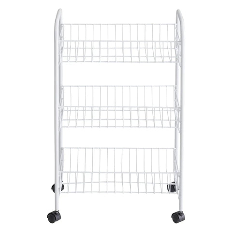 Front view of Three Tier Wheeled Wire Shelving Cart With Adjustable Metal Shelves, Mobile Storage Organizer, white finish on casters.