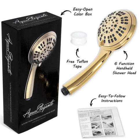 Powerful High Pressure Handheld Shower Head With Six Functions, Self-Clean Nozzles, 2.5 GPM, Easy Install with box and accessories.