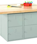 Heavy Duty 4 Station Steel Workshop Bench With 8 Horizontal Lockers, Built Tough Rock Solid Frame, 64 By 54 By 33 Inch Industrial Machine Table Gray Maple with gray lockers and maple top.
