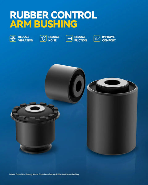 Rubber control arm bushings, reduce vibration, noise, and friction for vehicle stability and comfort.