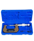 Premium Heavy Duty 0-25mm Small Head Thin Rod Mechanical Outer Diameter Micrometer For Spline Shafts With Dead On 0.01 Precision And Killer Steel Construction in blue case.