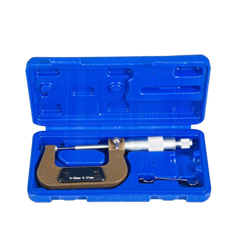 Premium Heavy Duty 0-25mm Small Head Thin Rod Mechanical Outer Diameter Micrometer For Spline Shafts With Dead On 0.01 Precision And Killer Steel Construction in blue case.