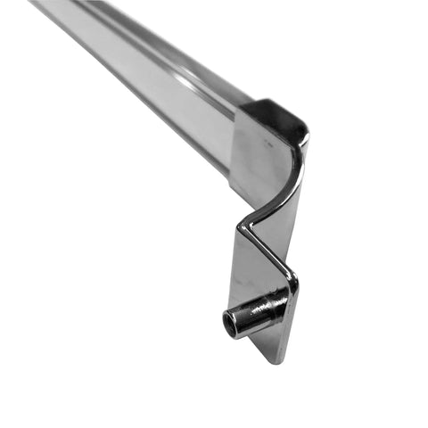 Detail of the heavy duty mounting bracket for the Knockout Bright Chrome Towel Bar With Heavy Duty Mounting Brackets For Framed Sliding Shower Doors And Bathtub Enclosures No Hassle Install Hacksaw Friendly Length Design Killer Finish Fits Thirty Six Inches Max.