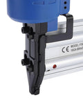 Heavy Duty 18 Gauge Pneumatic Brad Nailer For Finish Carpentry And Woodworking with blue handle and black nose for brads.